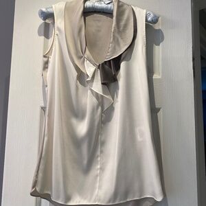 Elegant three-tone Tahari silk shell with ruffle neckline, size XS.